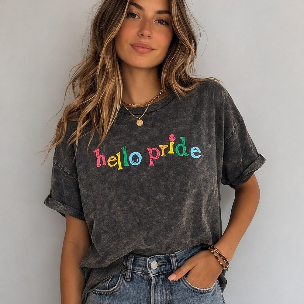 BP Hello Pride Mineral Wash Graphic T-Shirt Grey Women XL Top Shirt Pullover New
